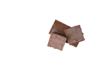spoiled broken chocolate bar covered with white coating on an isolated white background. greasy...
