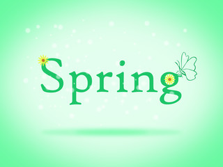 Spring illustration with word, chamomile and butterfly over green background.