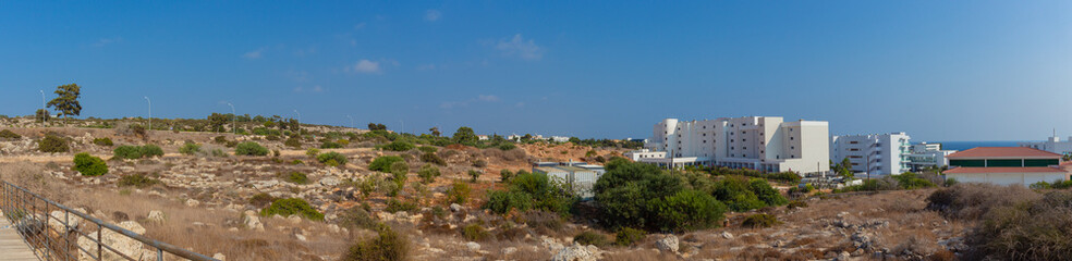 Ayia Napa, Cyprus - September 07, 2019: Panoramic view to Ayia Napa from above