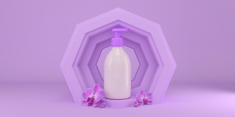 Hand wash dispenser bottle mockup on abstract purple background 3d render