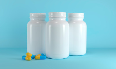 Medicine jars and capsules mockup on blue background 3d render