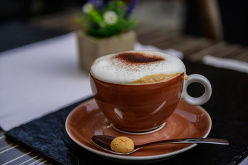 A cappuccino is on a table in a restaurant. In the background is a plant as a decoration. Concept. Enjoy and drink coffee