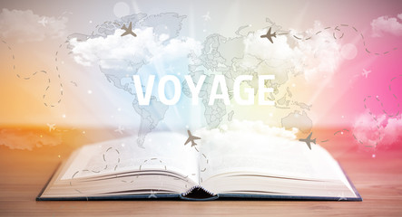 Open book with VOYAGE inscription, vacation concept