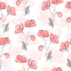 Seamless pattern of red tulips on a white background.