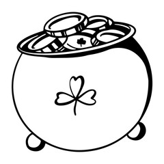 Digital illustration doodle outline happy saint patrick day pot of gold. Print for cards, banners, posters, web design, textiles, restaurants and signboards.