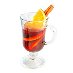 Mulled wine with orange and cinnamon sticks isolated on white background.