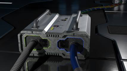 Back View of a SciFi Nuclear Power Battery with 3 large Electric Wires on the floor