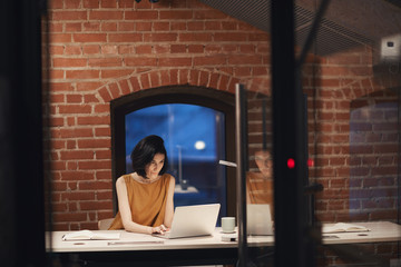 Young businesswoman with dark hair sitting at the table and typing on laptop computer she working...