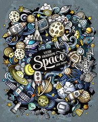 Cartoon vector doodles Space illustration. Bright colors cosmic funny picture