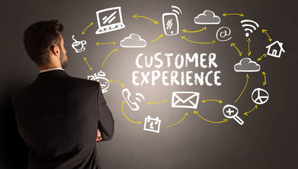 businessman drawing social media icons with CUSTOMER EXPERIENCE inscription, new media concept