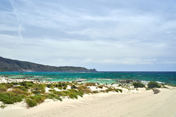 Elafonissi beach on Crete island with azure clear water, Greece, Europe. Crete is the largest and most populous of the Greek islands.