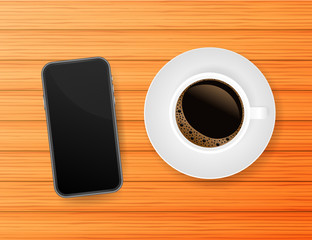 Fototapeta na wymiar Smartphone with cup of strong coffee on wooden background. Vector stock illustration.