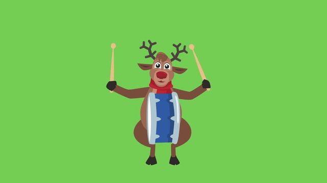 Cartoon Christmas Deer Flat Character Music Drum Animation with Matte