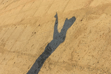 Sombra de mujer con sombrero señalando sobre pared de hormigón 