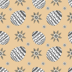 
Easter illustration. Elegant eggs with patterns. Drawn by hand. Holiday, celebration, congratulations. Background, print, textiles, paper. Spring, traditions. Seamless pattern.