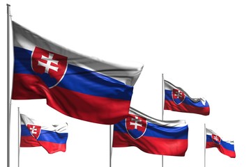 wonderful five flags of Slovakia are waving isolated on white - any occasion flag 3d illustration..