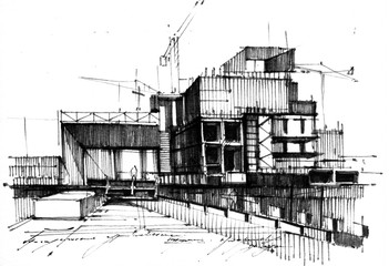 Cargo containers in seaport hand drawn ink pen illustration