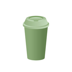 Green paper cup with a lid mockup. Realistic disposable tea or green coffee cup on white background. Blank mockup for logo. Empty plastic cup for brand identity. Vector template illustration, clip art