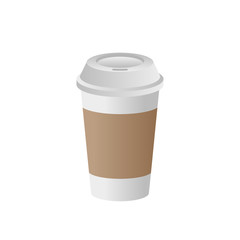 White paper cup with a lid and a sleeve mockup. Realistic disposable coffee cup on white background. Empty plastic cup for Cafe logo. Blank mockup for brand identity. Vector template illustration 