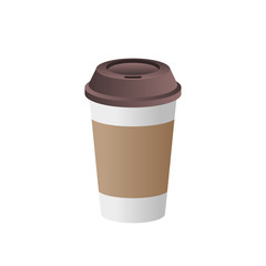 White paper cup with brown lid and a sleeve mockup. Realistic disposable coffee cup on white background. Empty plastic cup for Cafe logo. Blank mockup for brand identity. Vector template illustration 