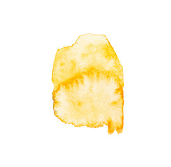 Yellow wide watercolor brushstroke backdrop. Hand drawn water strokes, paper texture, isolated spot on white background. Wet brush painted smudge abstract illustration. Design art template