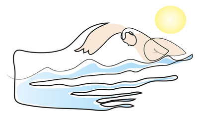 One continuous line drawing of swimming man in the sea. Simple line art drawing of swimming man in the sea.