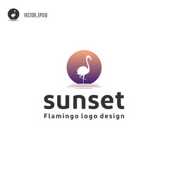 flamingo bird with sunset logo design
