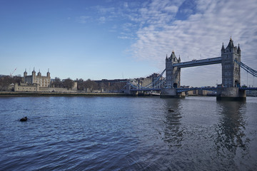 Landscape Picture of Tower bridge over Thames river and Tower castle in heart of London, taken in sunny spring day. Beautiful example of two historic architectural styles in capitol of United Kingdom.