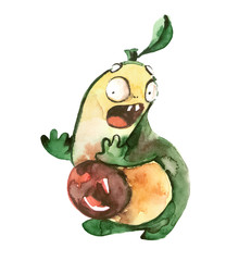 Frightened avocado with round eyes in fear and an open mouth. Watercolor illustration, cartoon character on a white background. The concept of fear, horror