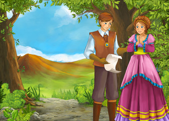 cartoon summer scene with meadow valley with prince and princess