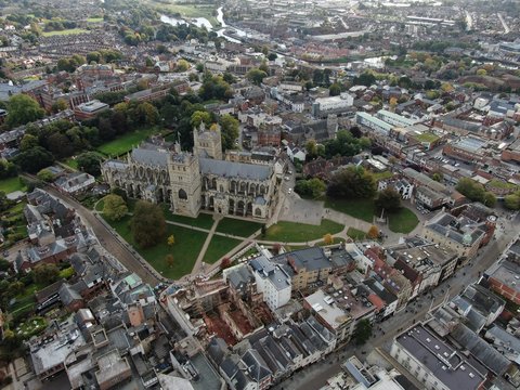 an aerial view of Exeter City centre , Devon , England, UK with Exeter Cathedral 