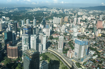 Aerial view of Kuala Lumpur city center KLCC from Petronas Twin Towers observation deck. Malaysia