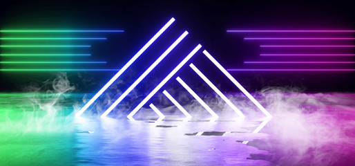 Triangle Shaped Neon Smoke Fog Glowing Green Purple Blue Laser Studio Reflective Concrete Grunge Underground Garage Stage Podium Catwalk Futuristic Club 3D Rendering