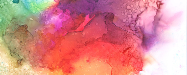 Art Abstract paint blots background. Alcohol ink colors. Marble texture. Horizontal long banner.