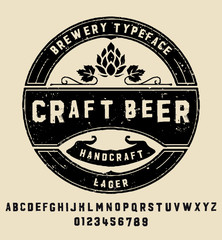 Brewery vintage alphabet font. Custom handwritten alphabet. Retro textured hand drawn typeface with grunge effect. Vector illustration. Letters and Numbers. Original Design