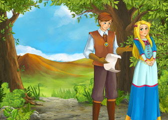 Fototapeta premium cartoon summer scene with meadow valley with prince and princess