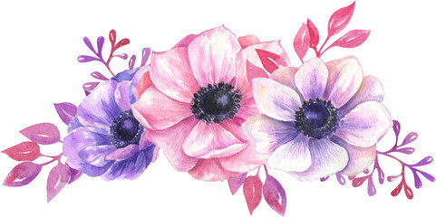  Watercolor floral bouquet with anemones.