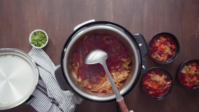Step by step. Flat lay. Cooking beet soup, borscht with organic vegetables in multicooker.