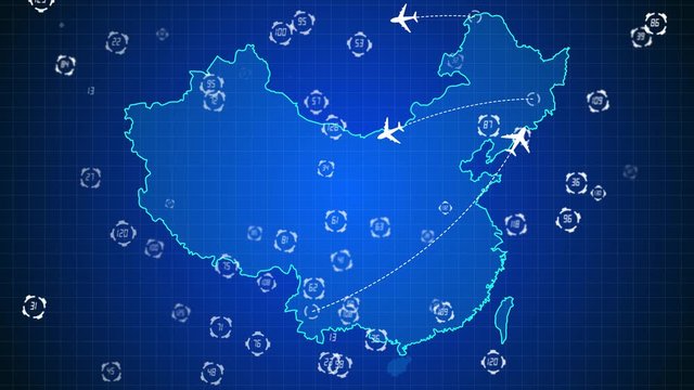 China map with air travel. Airplanes flying over China