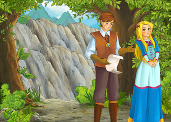 Fototapeta premium cartoon scene with mountains valley near the forest with prince and princess