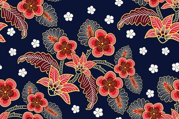 Seamless pattern with floral vector Illustration, Tropical batik motif - obrazy, fototapety, plakaty