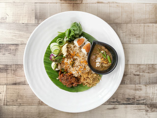  Shrimp paste sauce with crispy fried fish and sweet pork, Thai food concept