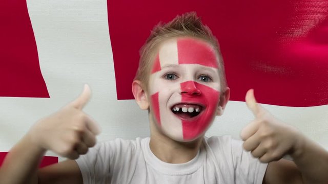 Joyful fan on the background of the flag of Denmark. Happy boy with painted face in national colors. The young fan rejoices in the victory of his beloved team. Success. Victory. Triumph.
