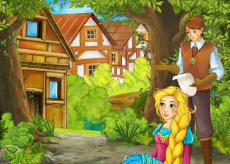 cartoon summer scene with path to the farm village with prince and princess