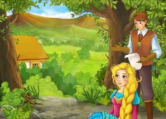 cartoon summer scene with path to the farm village with prince and princess