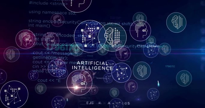 Artificial intelligence, neural network computer, cybernetic brain, deep machine learning symbols 3d rendering abstract concept animation. Cyber icons loopable seamless futuristic digital background.