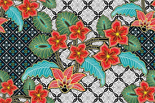 Seamless pattern with floral vector Illustration, Tropical batik motif