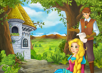 Cartoon nature scene with beautiful castle with prince and princess