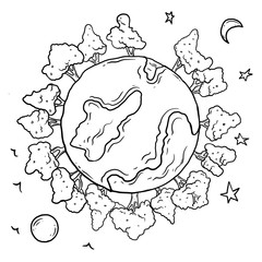 Planet with trees and birds hand drawn illustration