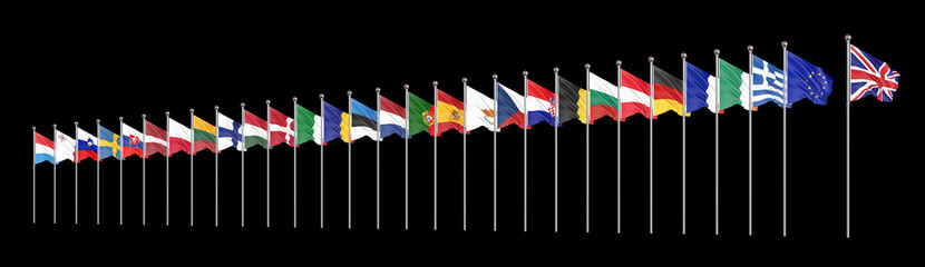 Withdrawal from the European Union , United kingdom , 27 flags of countries of European Union. Isolated on black. 3D illustration.